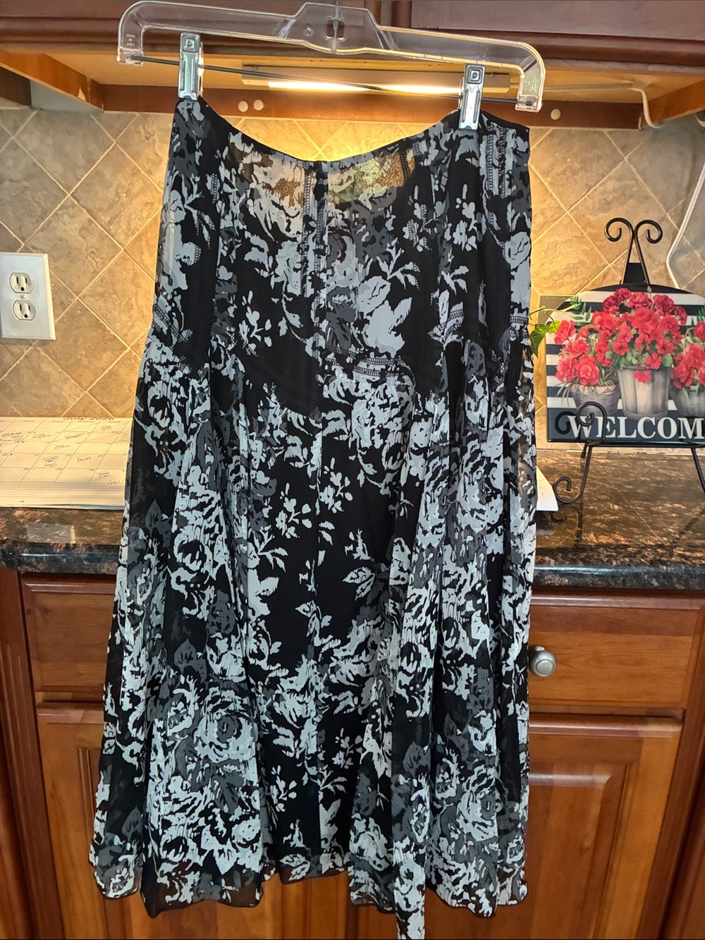 Nine West Black and Gray Floral A-Line Skirt